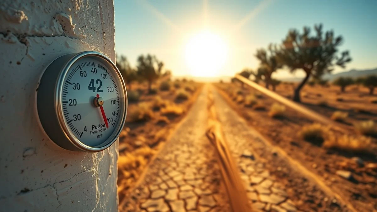 Termómetro marcando 42 grados en una pared blanca con sol intenso y calima al fondo
