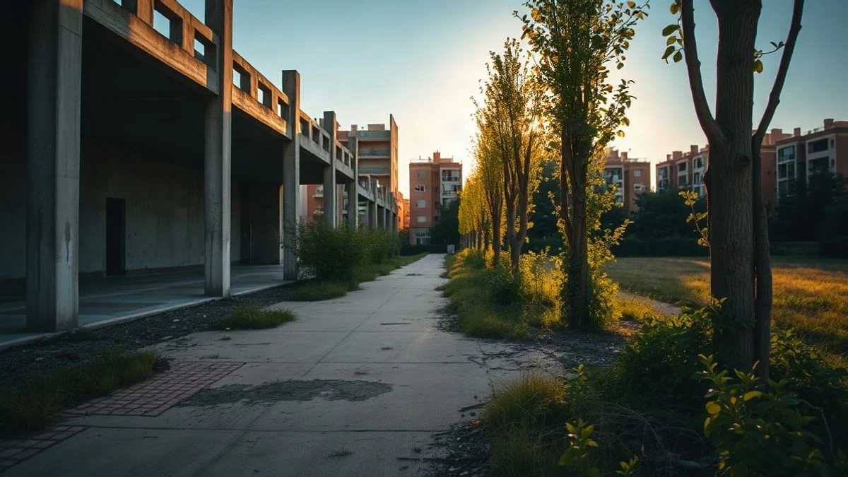 Imagen ilustrativa: edificio abandonado y en obras parcialmente cubierto de vegetación, con luz de atardecer.