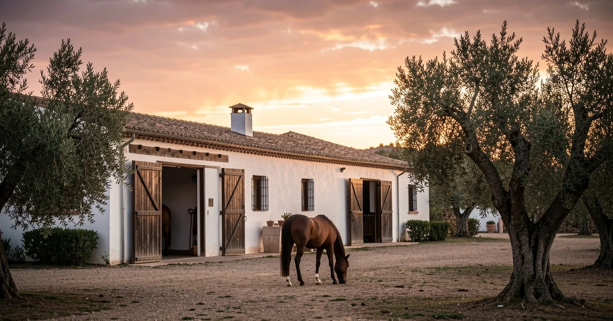 Finca española con caballos al atardecer en Marbella