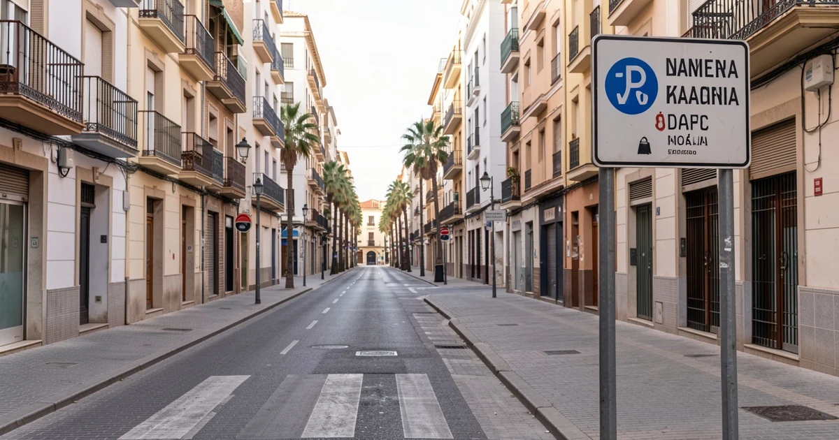 Señal de Zona de Bajas Emisiones en una calle vacía de Málaga con una cámara de tráfico