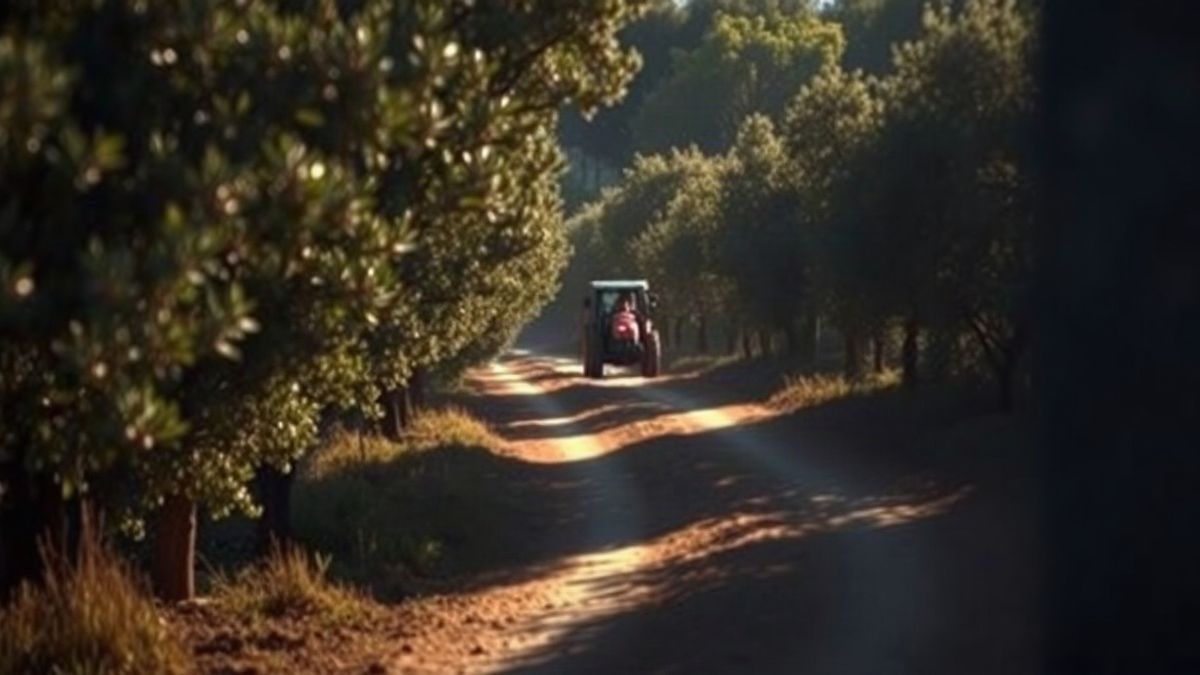 Imagen ilustrativa: un camino rural de tierra entre olivos con un tractor trabajando al fondo