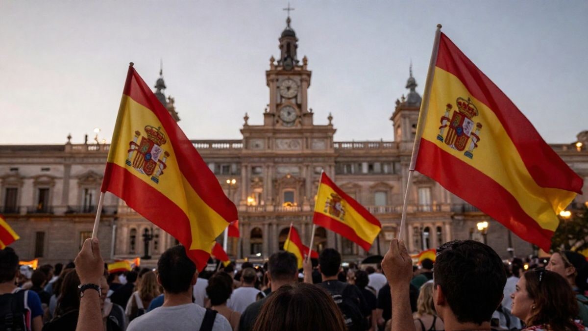 Illustrative image: a crowd from behind with flags of Spain in a square at sunset