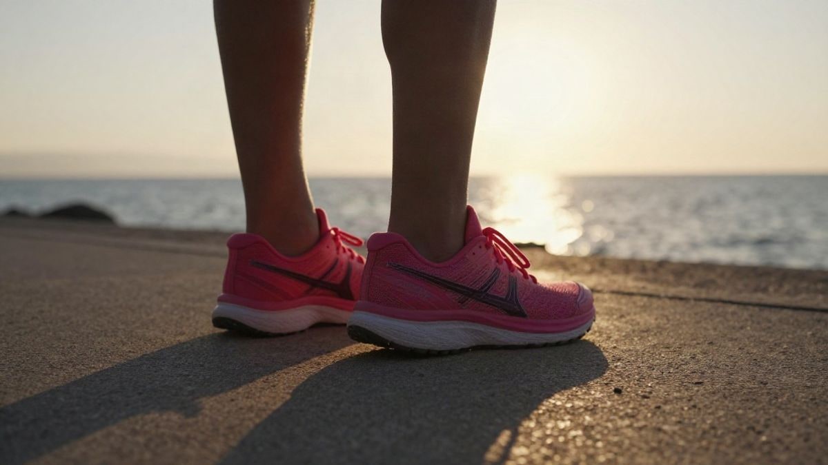 Illustrative image: pink trainers on a promenade at dawn