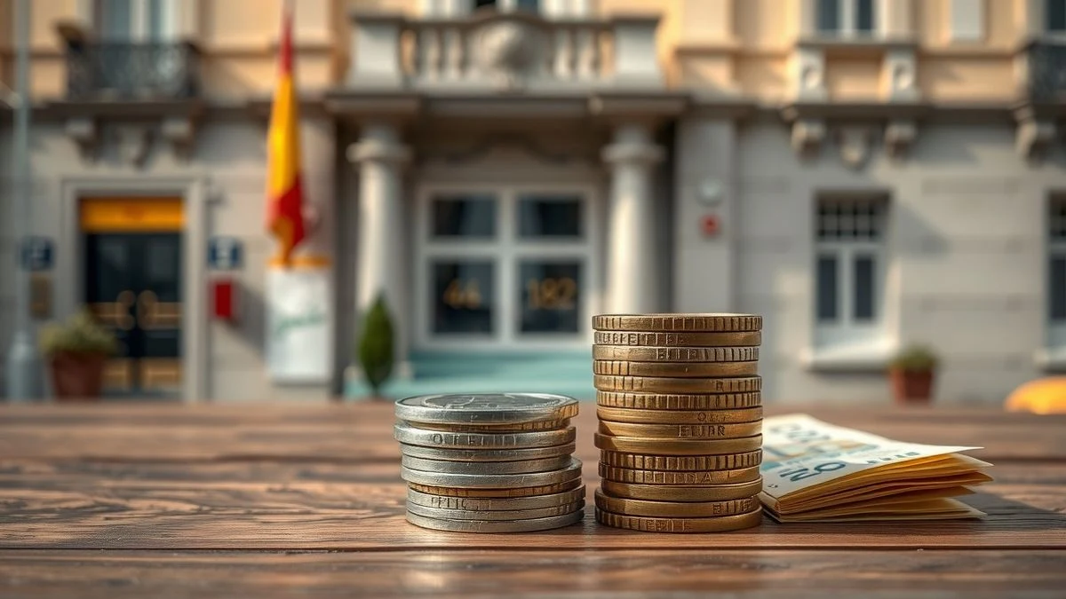 A pile of euro coins and banknotes on a wooden table with a blurred municipal building in the background