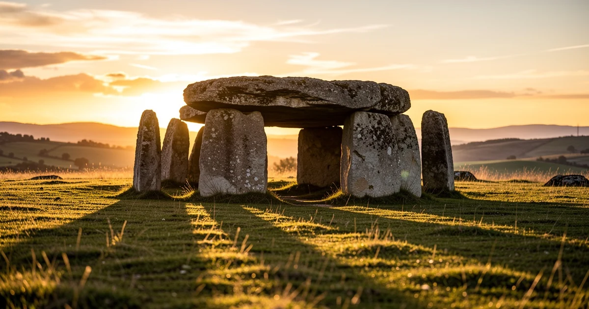 Dolmen de Menga en Antequera al atardecer con luz dorada y fondo de colinas