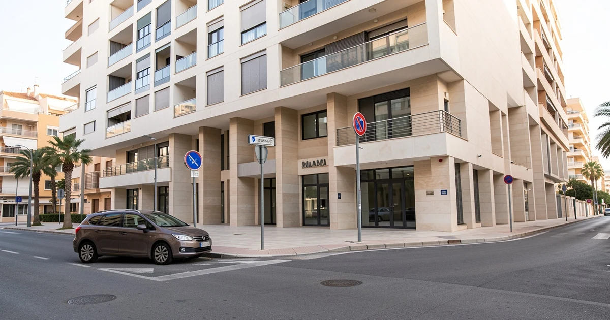 Facade of the Marbella City Council with a traffic sign and parked car