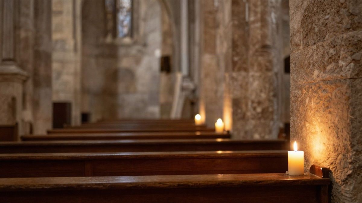 Illustrative image: interior of an old church with lit candles and wooden benches