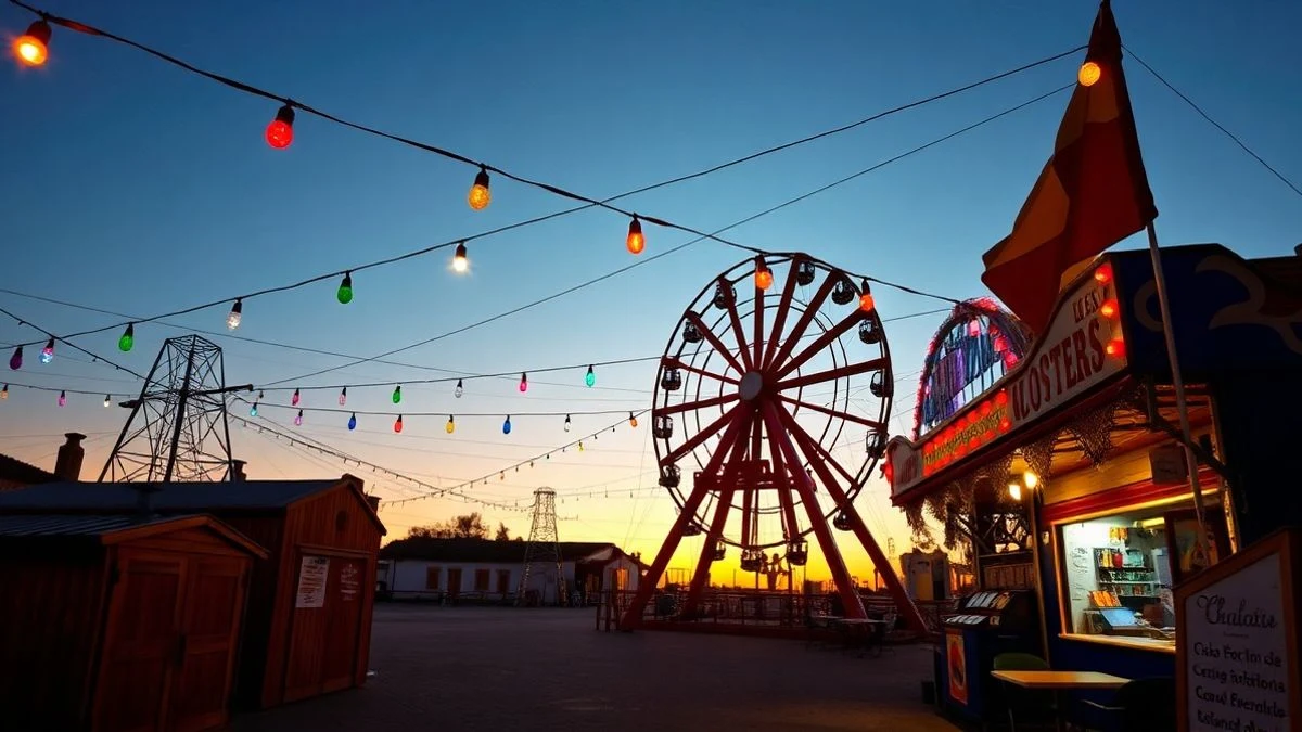 Illustrative image: fairground with colorful lights and a Ferris wheel at sunset