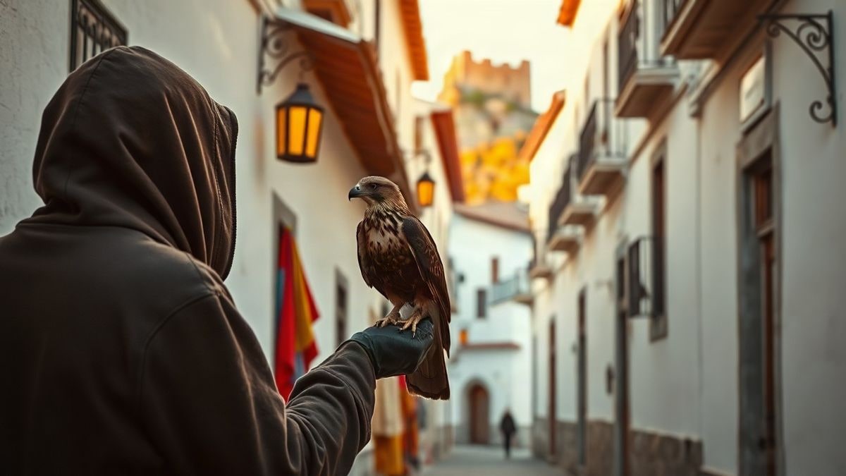 Imagen ilustrativa: calle medieval con puestos de artesanía y un halconero de espaldas con un ave rapaz.