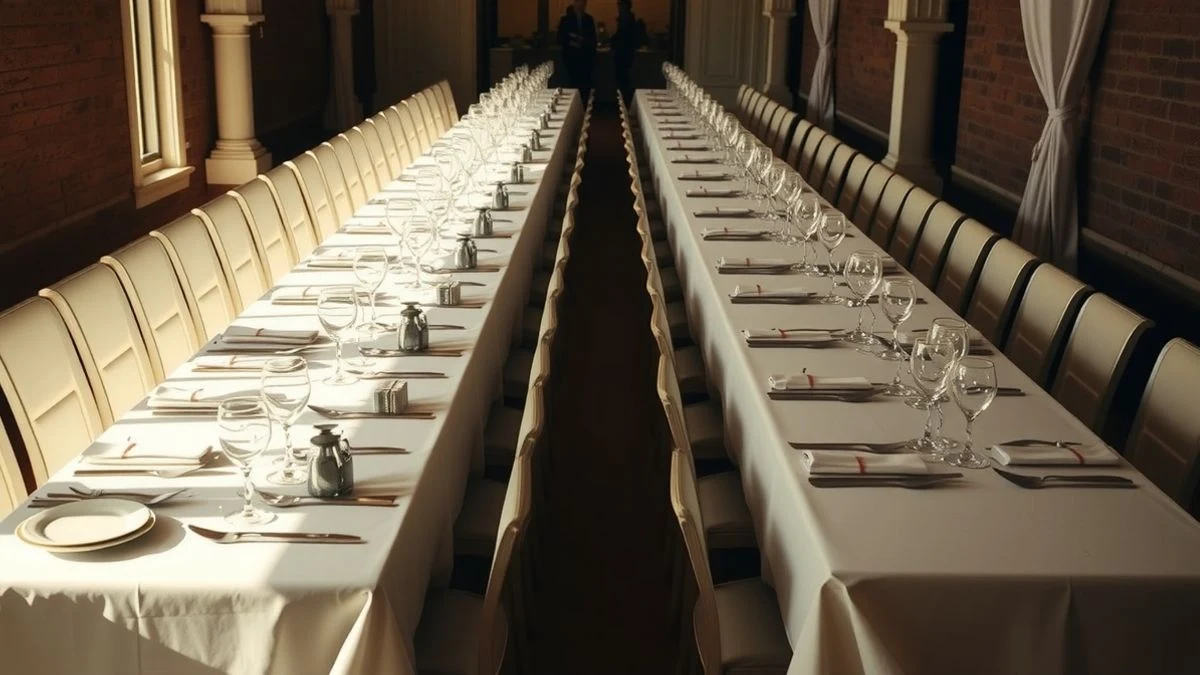 Empty banquet table with white tablecloth and elegant crockery under a sunset sky