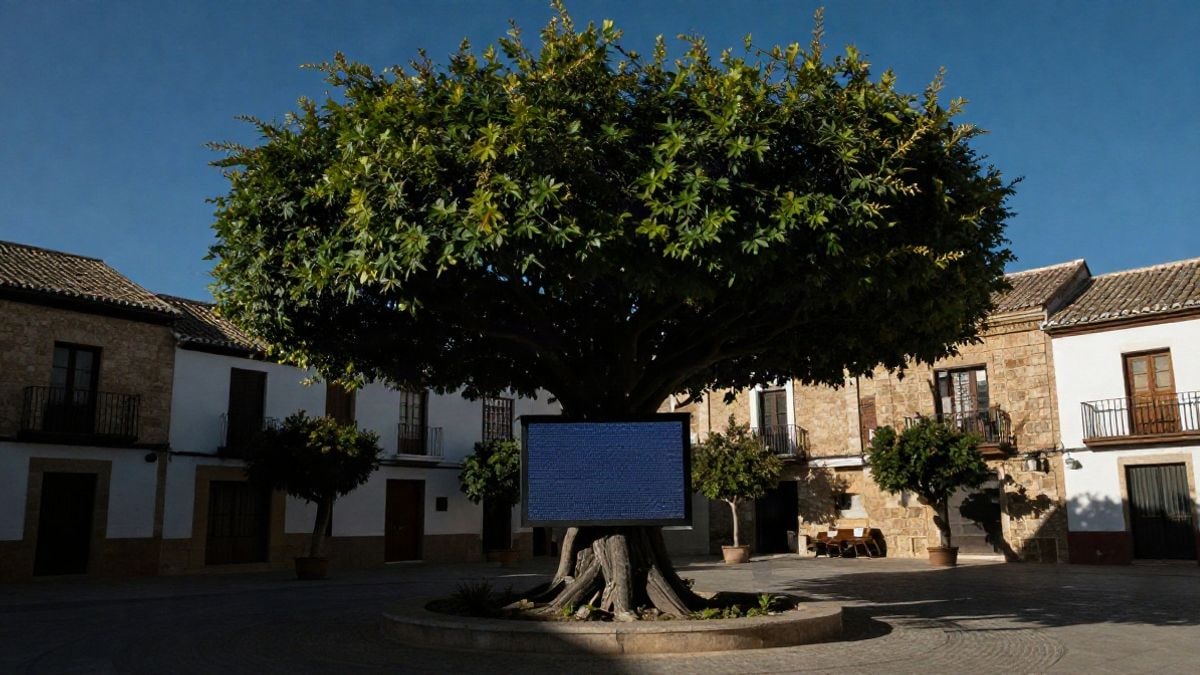 Illustrative image: tree-shaped structure with vegetation and screen in a square of an Andalusian village