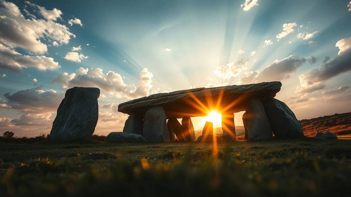 Illustrative image: ground-level view of a megalithic dolmen under a cloudy sky at sunset