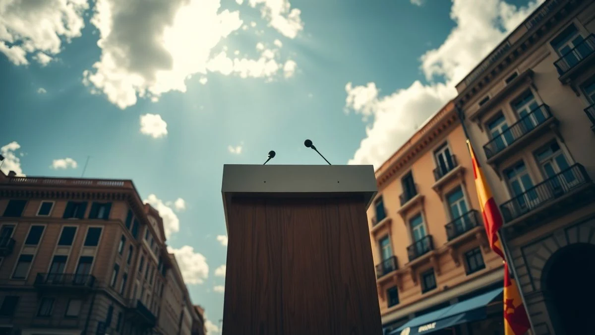 Illustrative image: a podium with a microphone on an empty street at sunset, with the sky in the background
