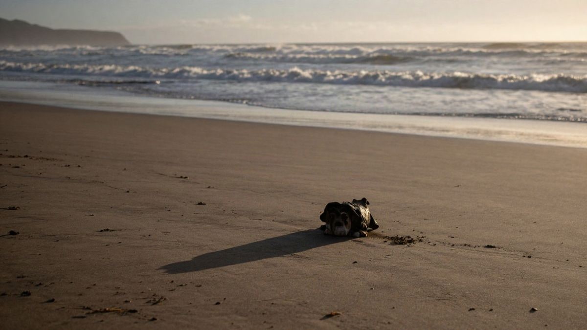 Illustrative image: a dolphin stranded on the sand of a beach at dawn