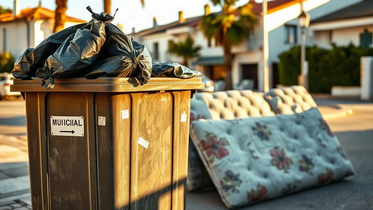 Illustrative image: municipal rubbish container with bags and a mattress abandoned on a street in a coastal Andalusian village.