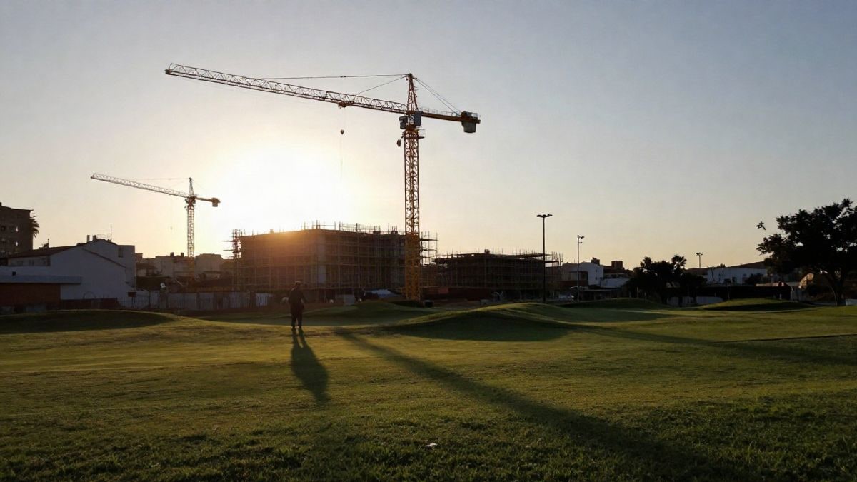 Imagen ilustrativa: contraluz al atardecer con siluetas y sombras largas de una grúa de construcción junto a un campo de golf