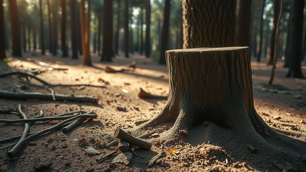 Tocón de árbol recién cortado en una zona de tala, con virutas y ramas dispersas, luz natural dramática