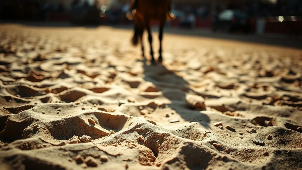 Imagen ilustrativa: ruedo de una plaza de toros con sombras al atardecer y un caballo de picar desenfocado al fondo.