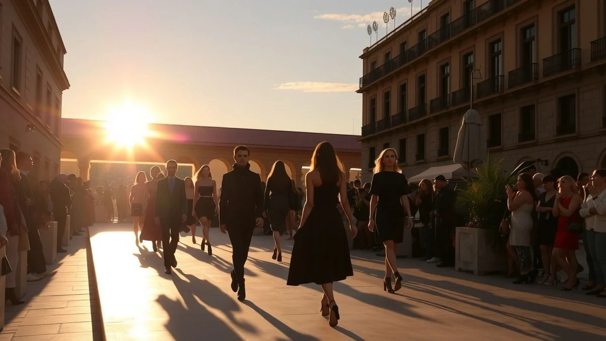 Illustrative image: fashion catwalk at sunset in a Spanish square, with silhouettes of models and blurred audience in the background.