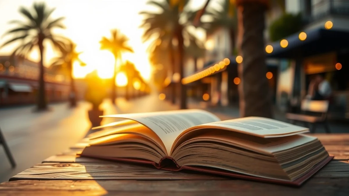 Imagen ilustrativa: un libro abierto sobre una mesa de madera con luz de atardecer de fondo y un paseo arbolado desenfocado.