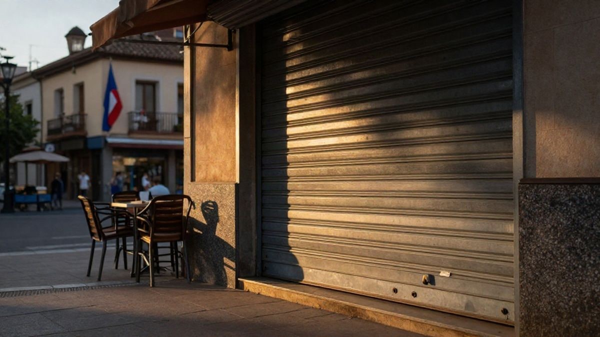 Imagen ilustrativa: fachada de un local hostelería con la persiana bajada al atardecer