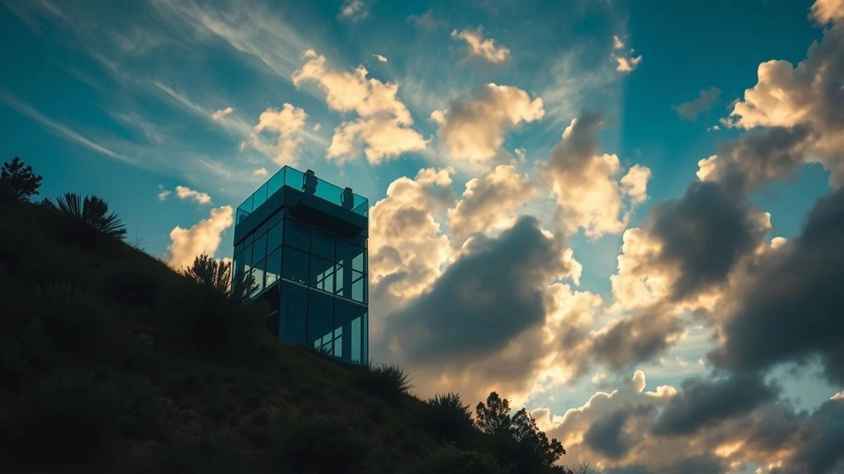 Illustrative image: a glass panoramic lift on a hillside at sunset, with a cloudy sky in the background.