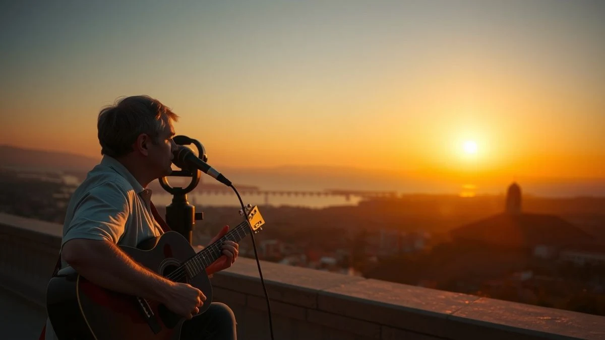 Mediterranean Archaeological Park at sunset with silhouettes of attendees looking at the starry sky and a musician with a guitar