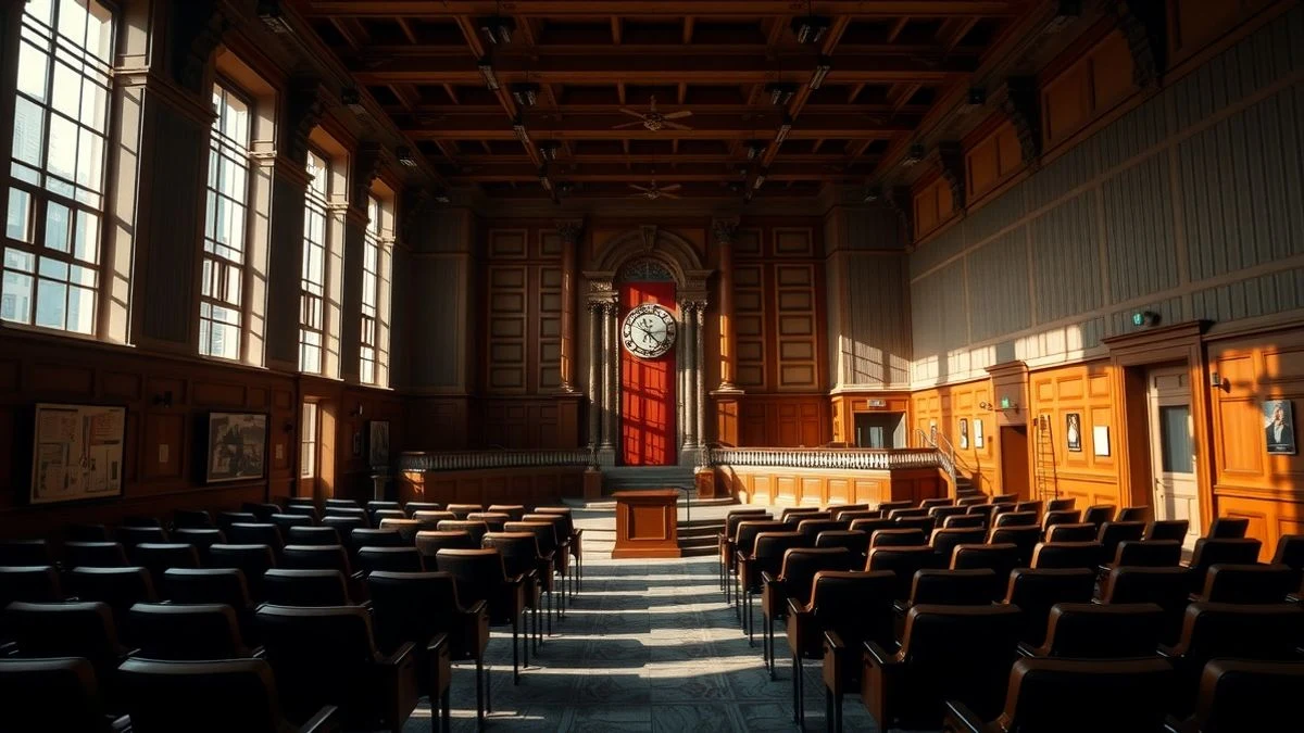 View of an empty council chamber with natural light coming through the windows
