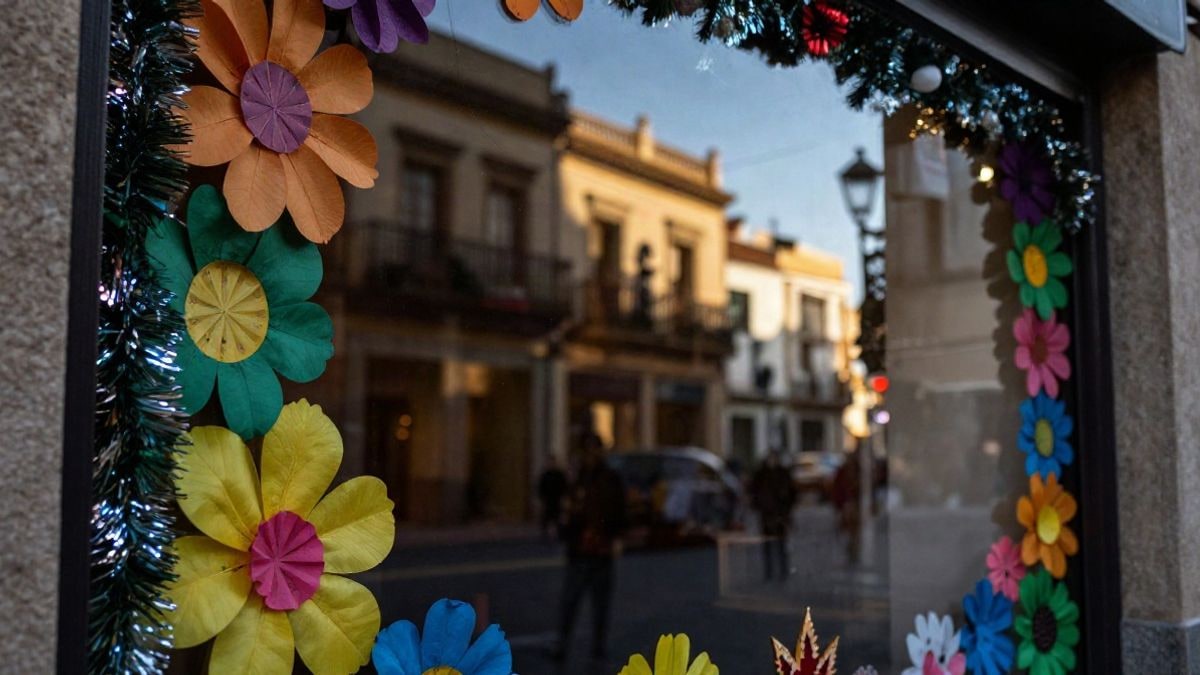 Imagen ilustrativa: escaparate de un comercio decorado con motivos festivos y luces al atardecer