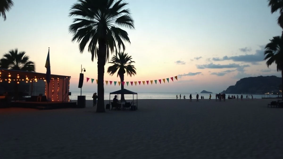 Imagen ilustrativa: playa al atardecer con un pequeño escenario y luces decorativas junto al mar
