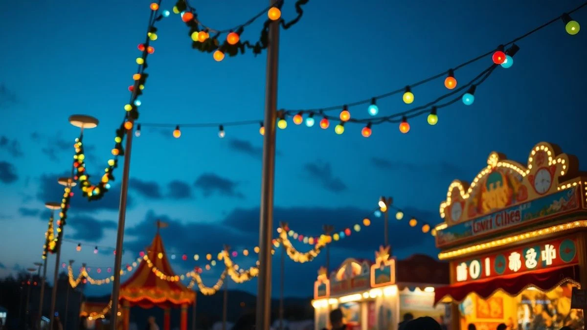 Imagen ilustrativa: un recinto ferial iluminado con luces de colores al atardecer, con casetas genéricas y ambiente festivo.