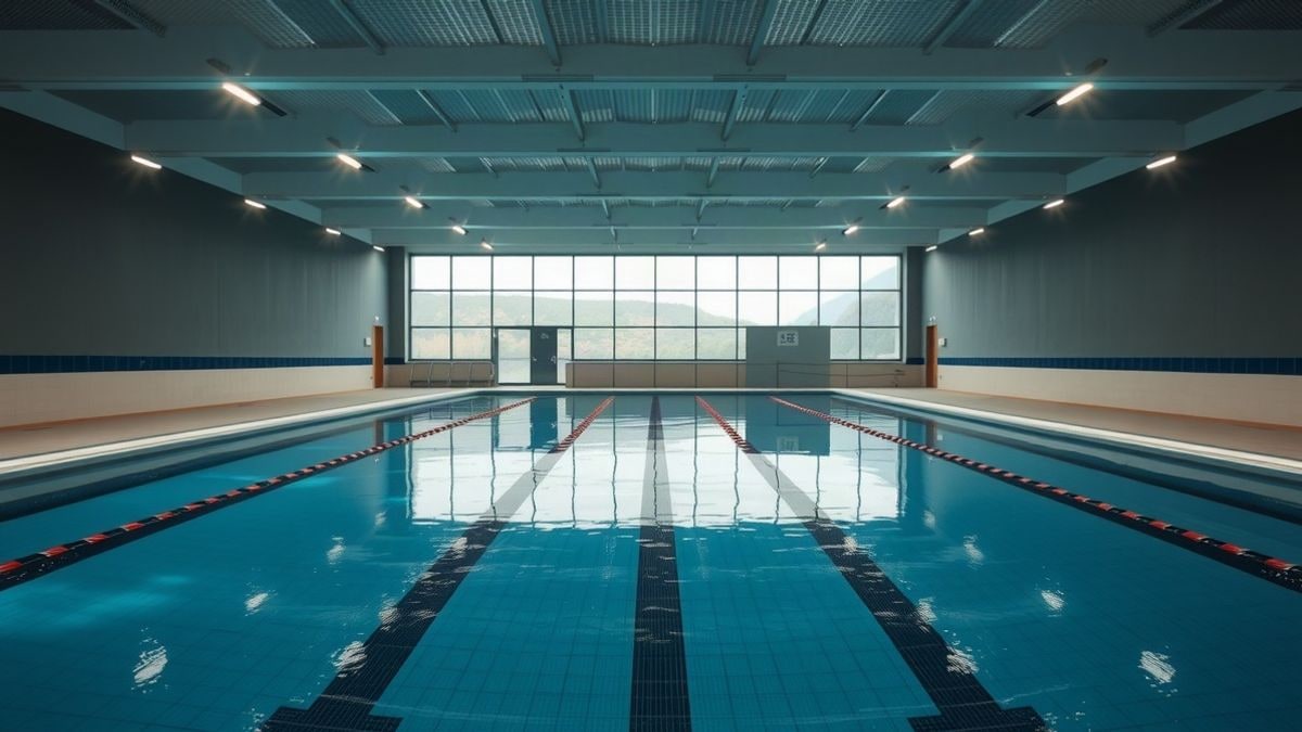 Imagen ilustrativa: interior de una piscina cubierta vacía con agua en calma y focos LED en el techo.