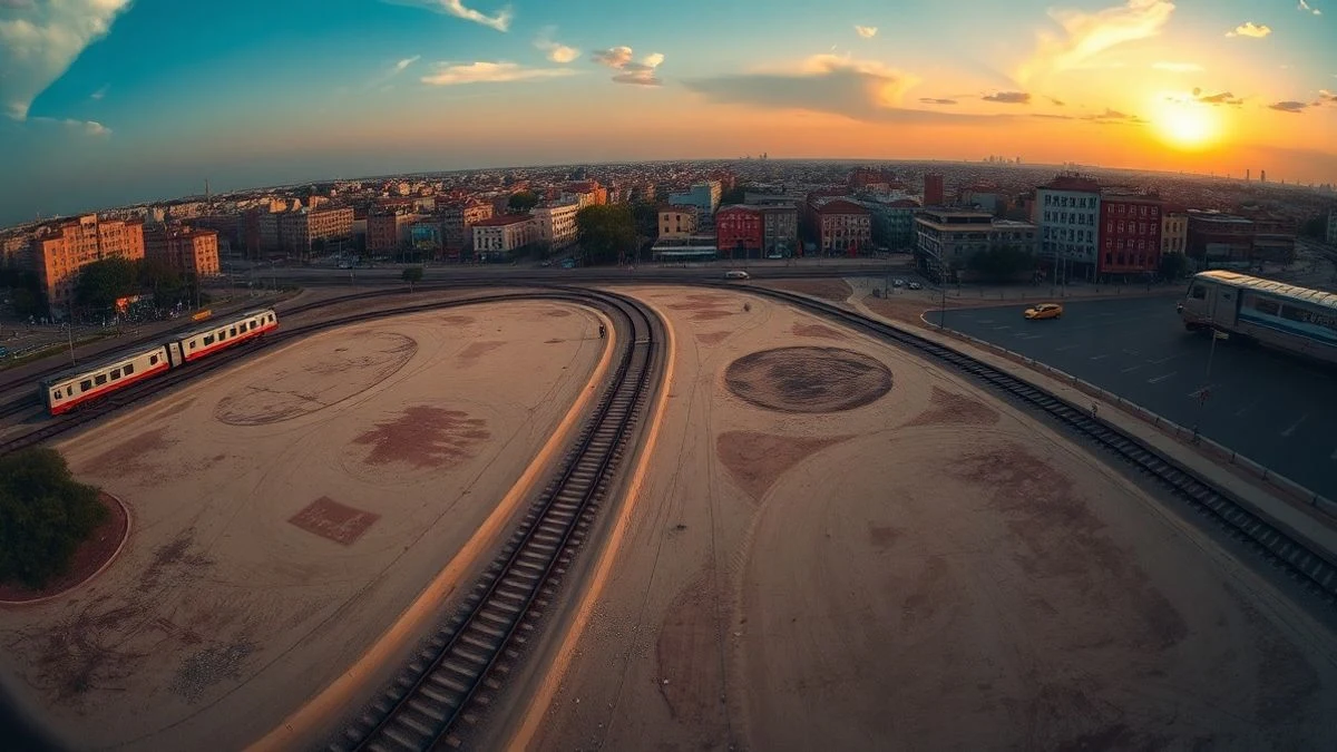 Aerial view of an empty plot next to a train station at sunset