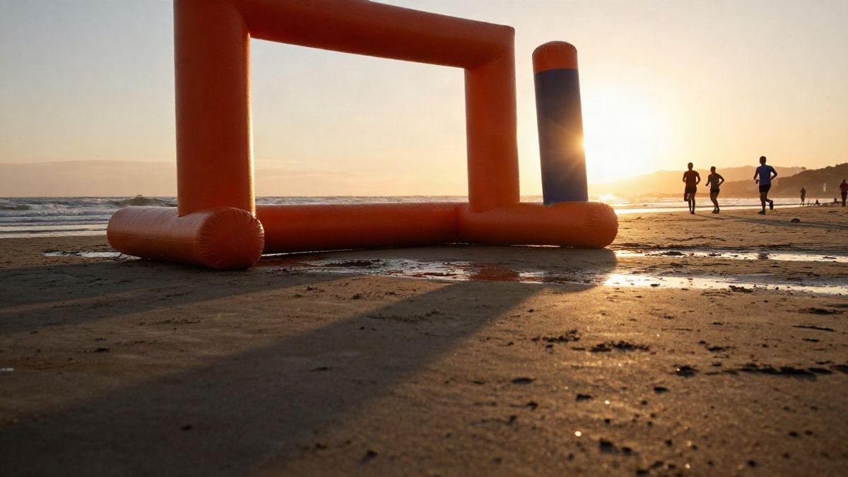 Illustrative image: orange obstacle structure on a beach at sunset, with blurred runners in the background.