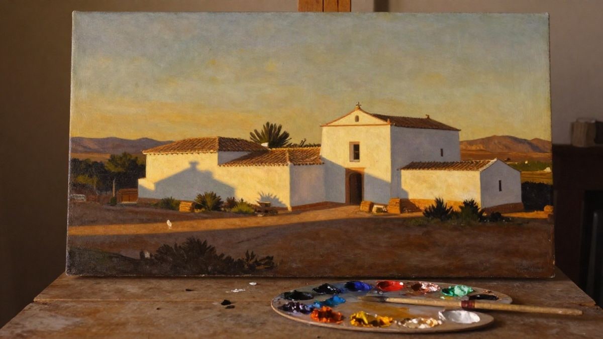 Imagen ilustrativa: acuarelas y pinceles sobre una mesa con un pueblo andaluz al atardecer de fondo