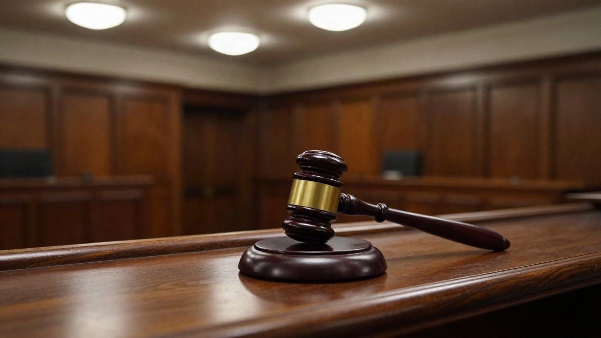 Illustrative image: a judge's gavel on a table in an empty courtroom lit with artificial light