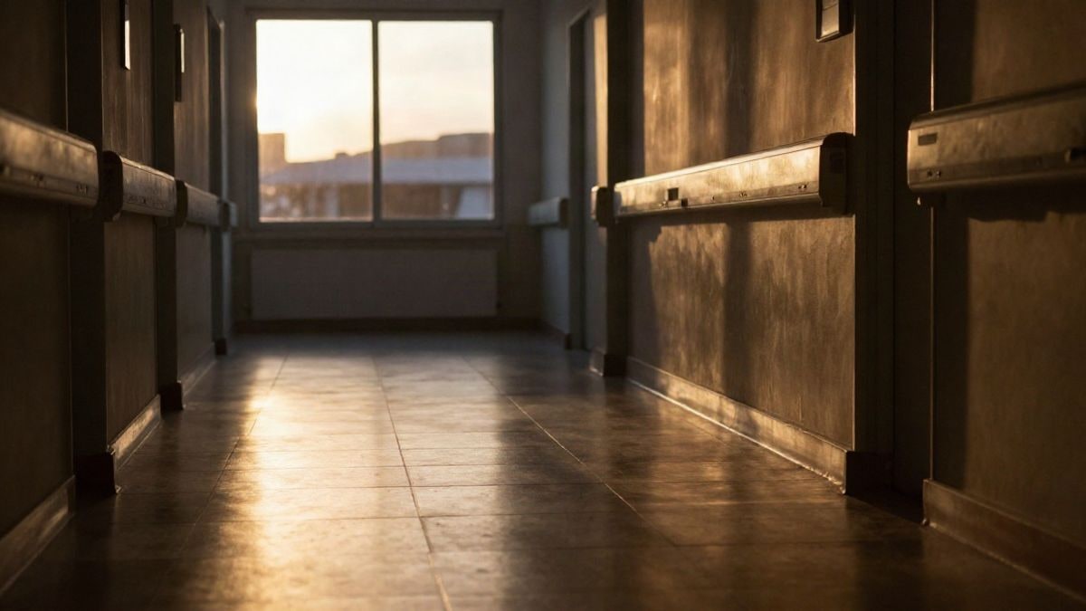 Imagen ilustrativa: pasillo de hospital vacío a contraluz al atardecer con sombras largas