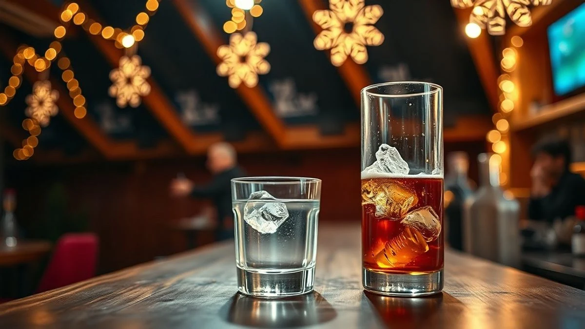 Illustrative image: a glass of water on a bar with festive lights in the background