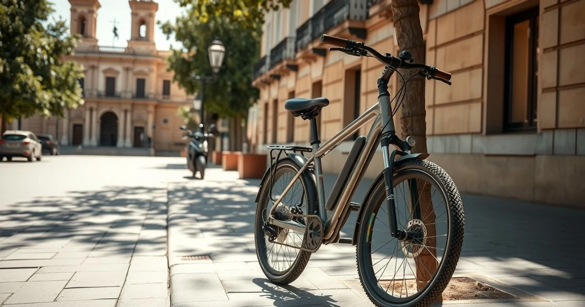Bicicleta eléctrica aparcada junto a un taxi en una calle de Málaga con el ayuntamiento al fondo