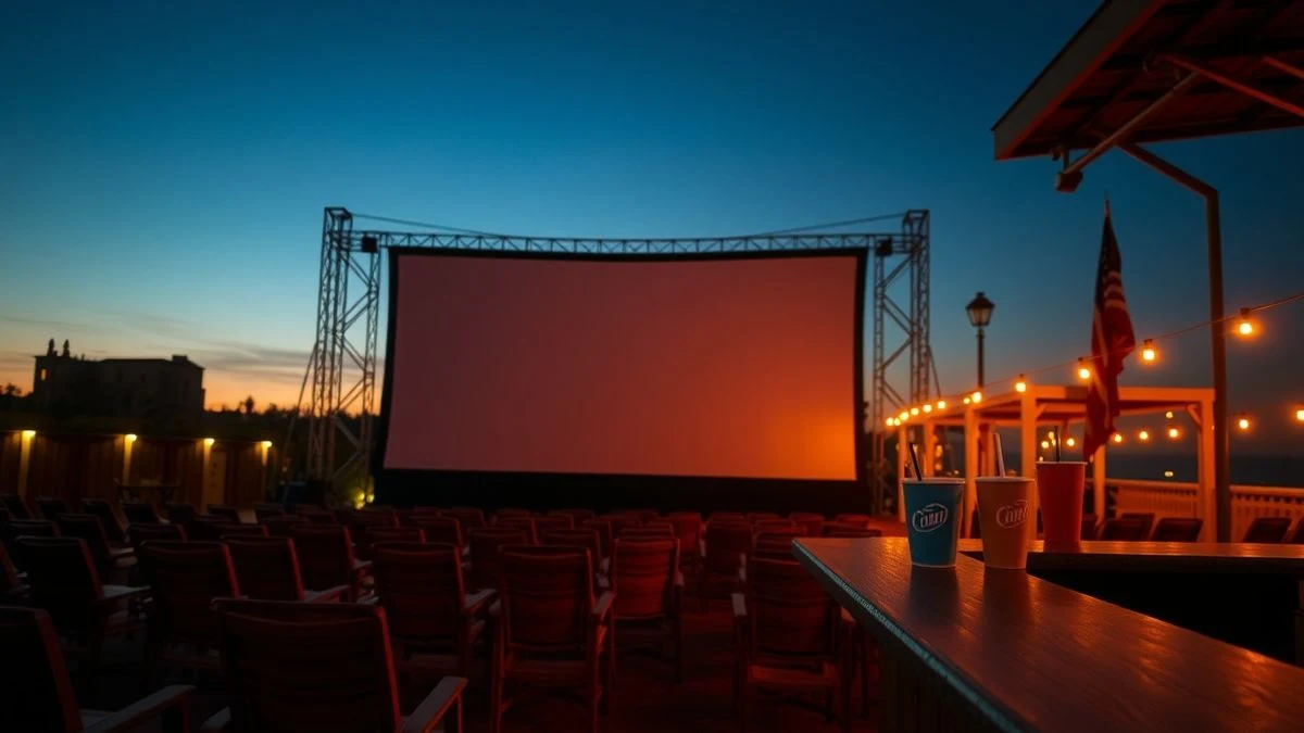 Pantalla de cine al aire libre al atardecer con tumbonas vacías y una barra de bebidas y palomitas