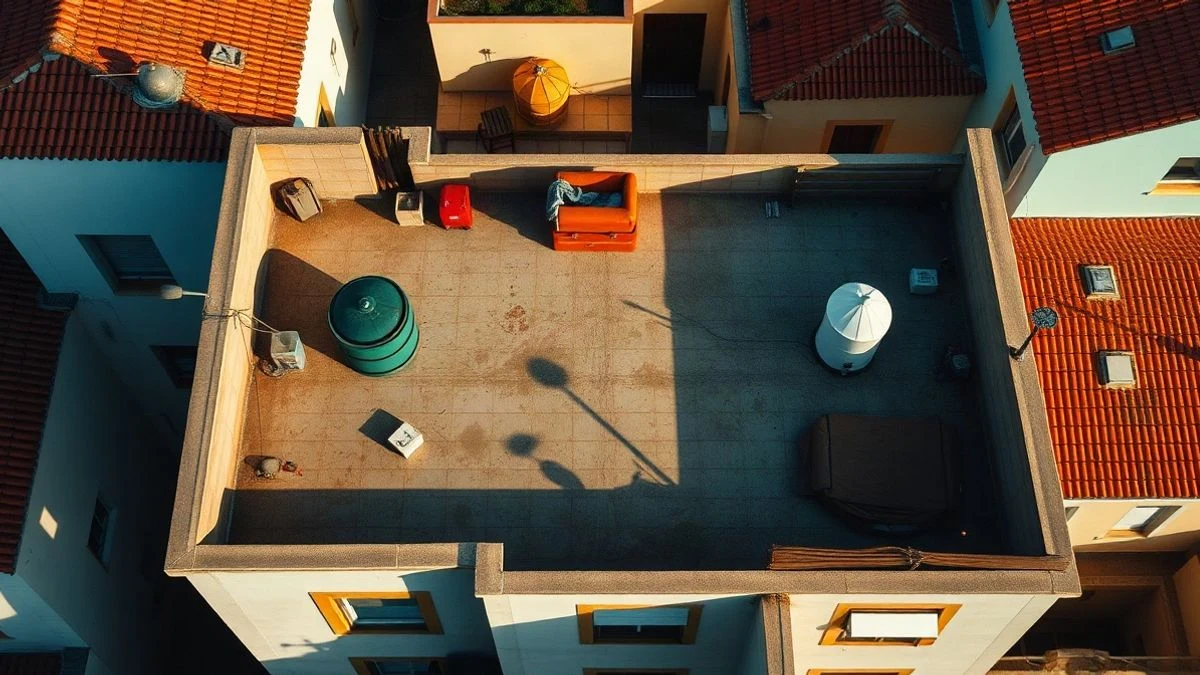 Imagen ilustrativa: vista cenital de una azotea de edificio residencial al atardecer, con parapeto bajo y sombras largas, sin personas