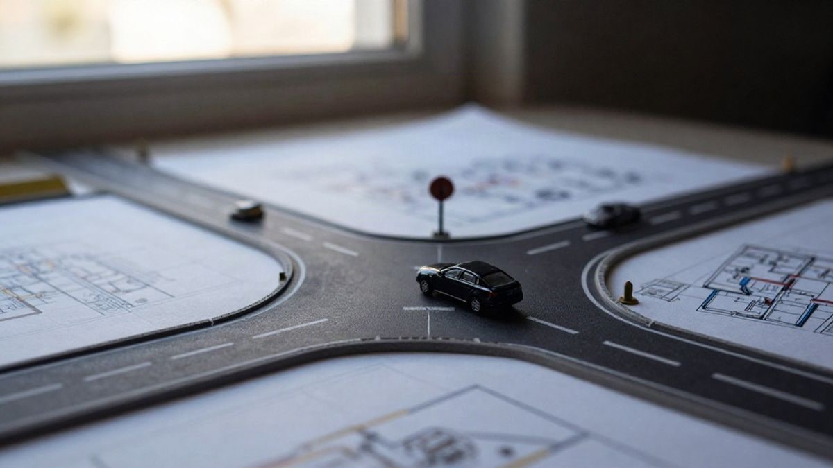 Imagen ilustrativa: primer plano de una maqueta de nudo viario con glorietas y un coche de juguete