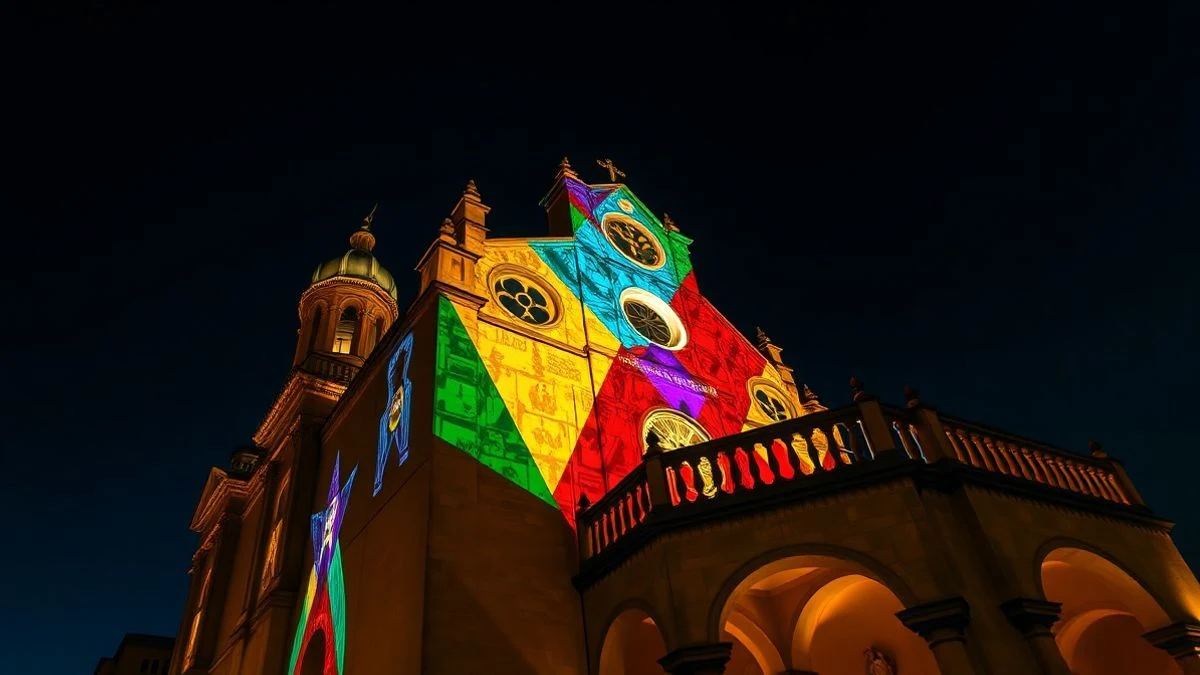 Facade of the Royal Collegiate Church illuminated with colourful videomapping during the Light Fest in Antequera