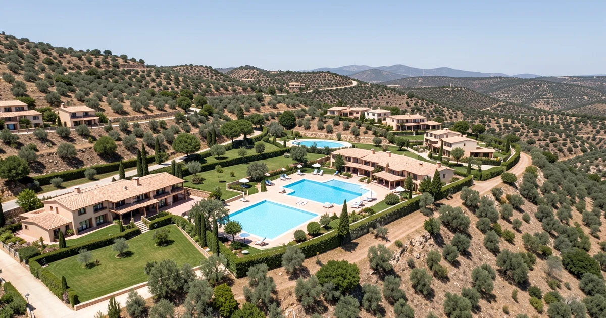 Vista aérea del complejo Mirador de Estepona Hills con piscinas y edificios mediterráneos
