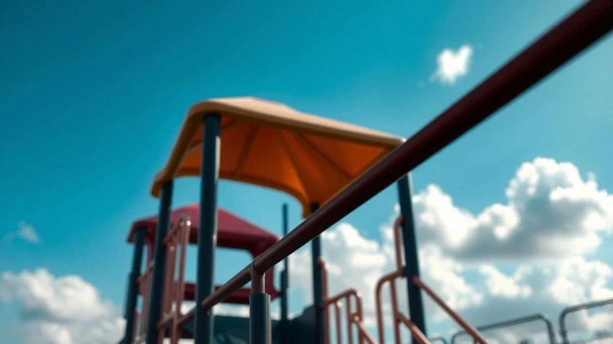 Illustrative image: an empty playground with a slide and swings under a blue sky with clouds.