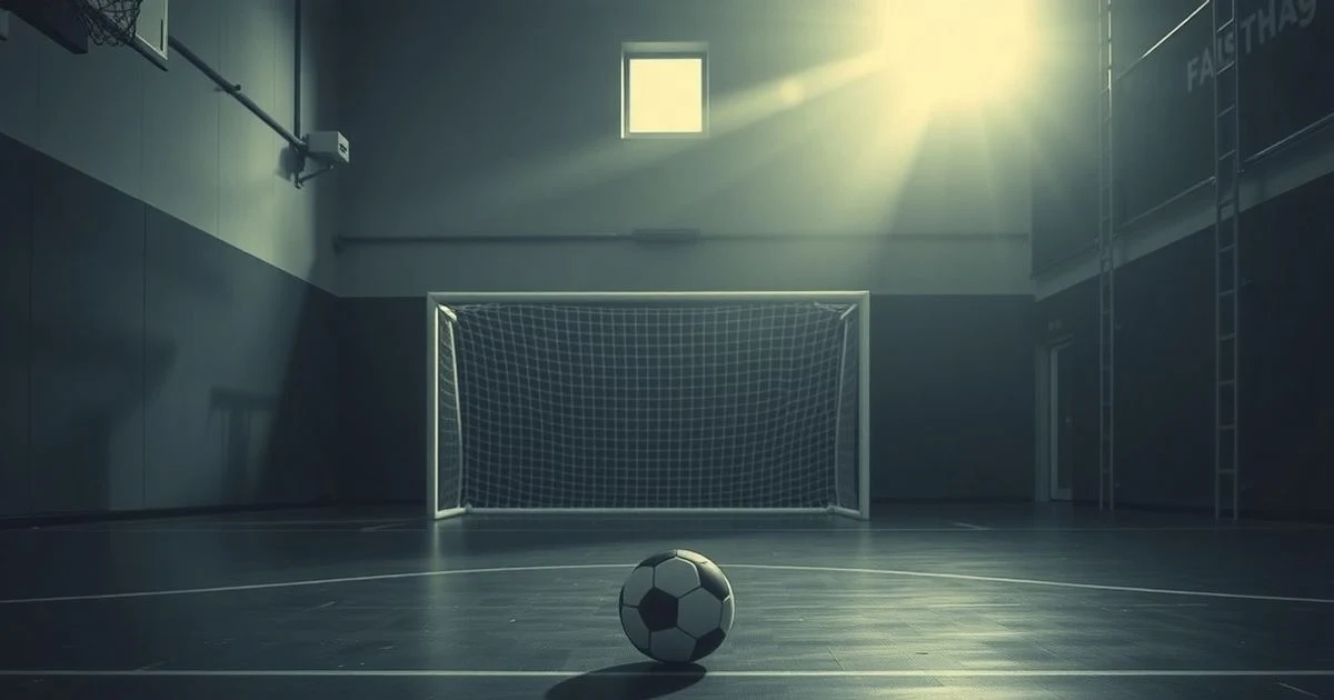 Pista de balonmano vacía con portería y balón en el suelo