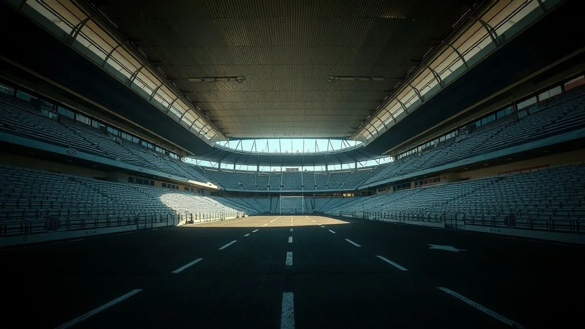 Illustrative image: tunnel of an empty football stadium with dramatic natural light