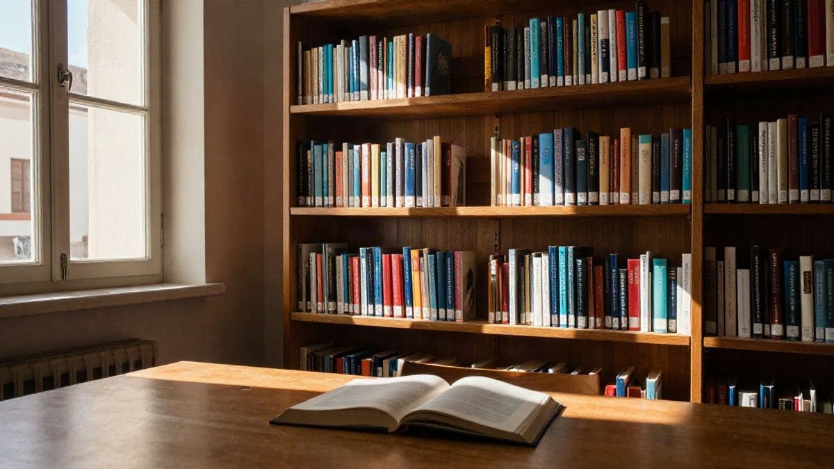 Imagen ilustrativa: interior de una biblioteca pública con estanterías de madera y luz lateral de ventana