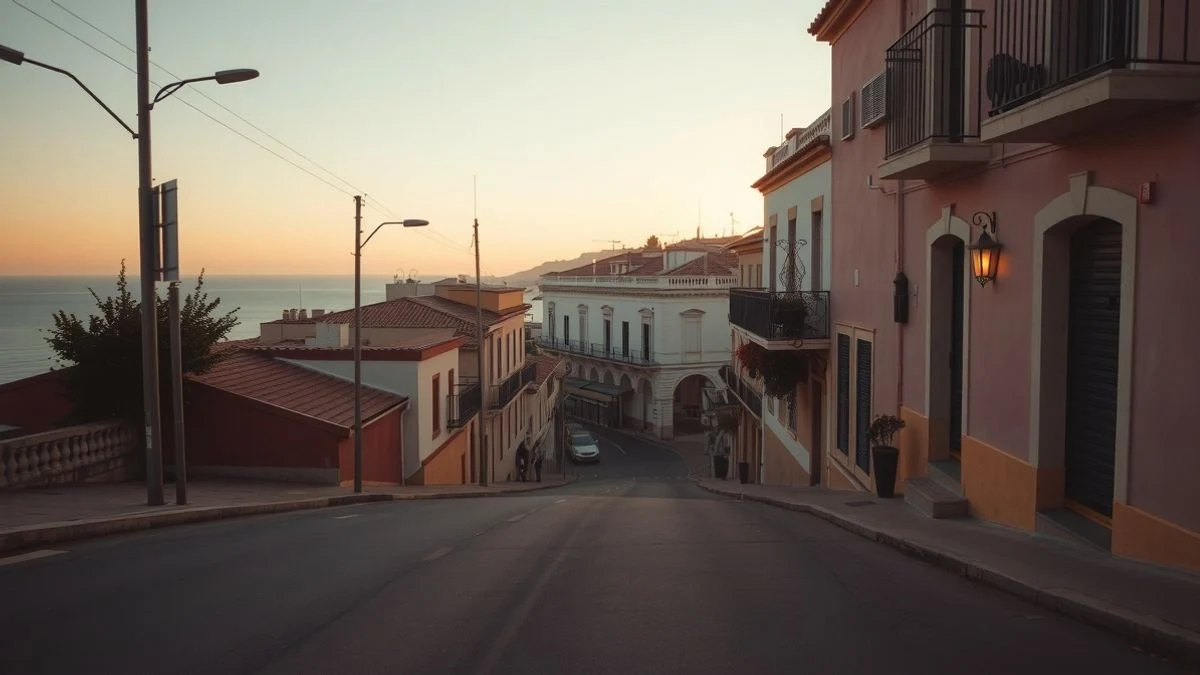 Calle de un pueblo costero andaluz con cartel de Se Vende en un balcón al atardecer