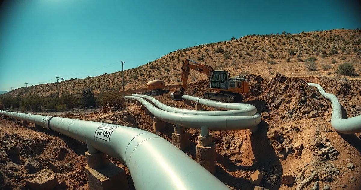 Obra de canalización de agua en un paisaje rural seco con tuberías y maquinaria